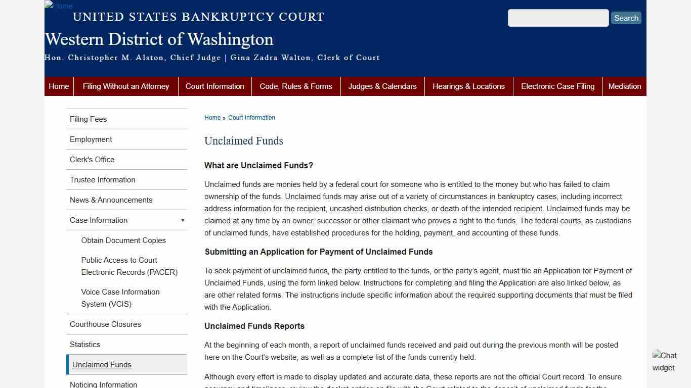 Unclaimed Funds | Western District of Washington | United States Bankruptcy Court